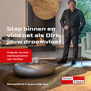 ‘Stap binnen en vind net als Dirk jouw droomvloer!’, zo lokt de poster klanten de winkel in. poster interfloor dirk