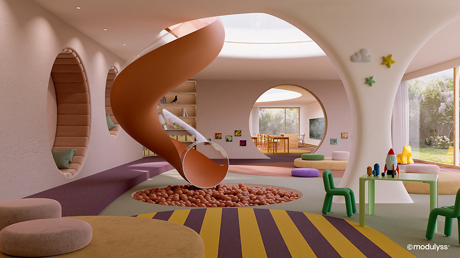 Modulyss heeft een nieuwe rug ontwikkeld speciaal voor de tapijttegelcollectie ‘PLUS’. MODULYSS Elementary School PLUS Monos 642 204 326 452 Hero Copyright